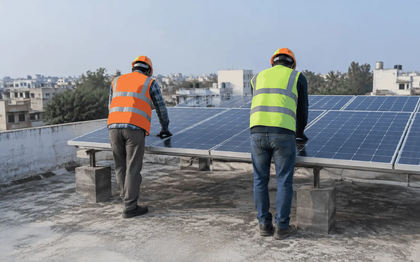 Installers working on rooftop solar panels in India
